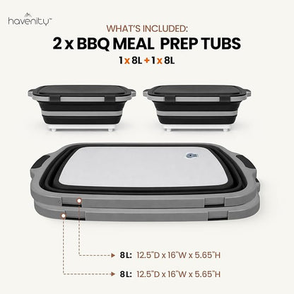 BBQ Prep Tub 2 Pack (8L+8L) - Multifunctional Collapsible Camping Cutting Board with Upgraded Locking lid, Meal Prep Meat Storage Container Perfect for Grilling, Outdoor Cooking (Large x 2)