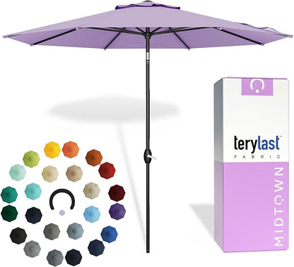 Midtown Umbrellas - 10-Year-No-Fade 9 Ft Patio Umbrella with Terylast Fabric, Auto-Tilt Aluminum Frame and 8 Reinforced Ribs for Deck, Pool, Garden & Beach - Purple Canopy, Black Pole
