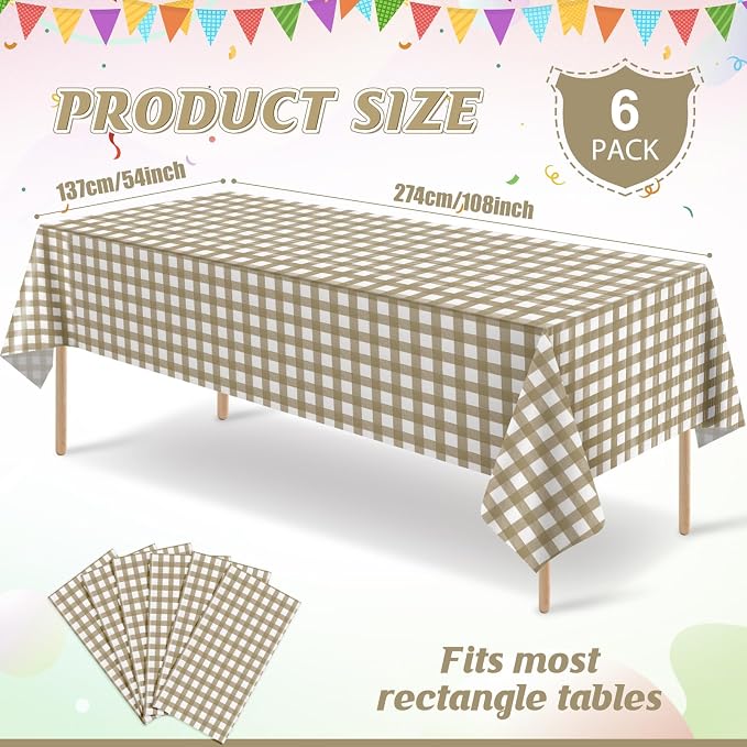 6Pcs Brown Gingham Tablecloths, Checkered Party Table Covers 54x108 In | Brown and White Checkered Tablecloths Disposable Plastic Waterproof for Fall Picnic Halloween Barbecue Birthday Outdoor Party