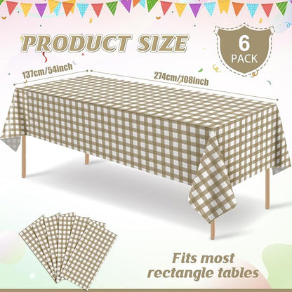 6Pcs Brown Gingham Tablecloths, Checkered Party Table Covers 54x108 In | Brown and White Checkered Tablecloths Disposable Plastic Waterproof for Fall Picnic Halloween Barbecue Birthday Outdoor Party