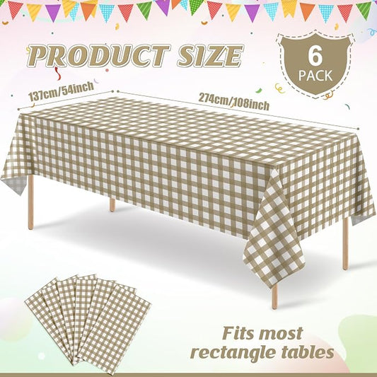 6Pcs Brown Gingham Tablecloths, Checkered Party Table Covers 54x108 In | Brown and White Checkered Tablecloths Disposable Plastic Waterproof for Fall Picnic Halloween Barbecue Birthday Outdoor Party