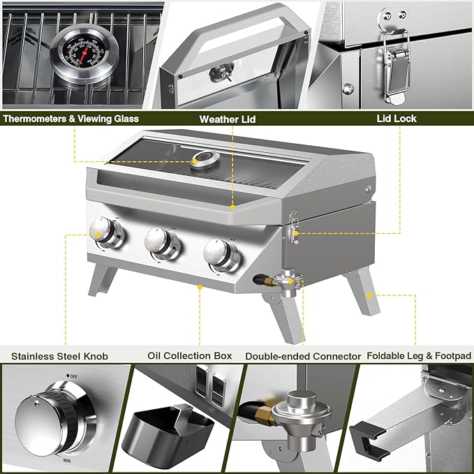 BESTFIRE Portable Propane Grill, 3-Burner Tabletop Gas Grill with 2-in-1 Connection for 1lb/20lb Tanks, 30,000 BTU Stainless Steel BBQ with Observation Window & Thermometer for Outdoor, Tailgating