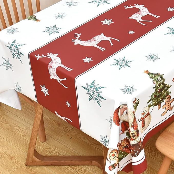 Christmas Tablecloth Heavy Duty Vinyl Red 54x54 inch Rectangle Christmas Table Cloth Reusable Waterproof Foldable Plastic Tablecloths PVC Xmas Table Cover for New Year Party Decor