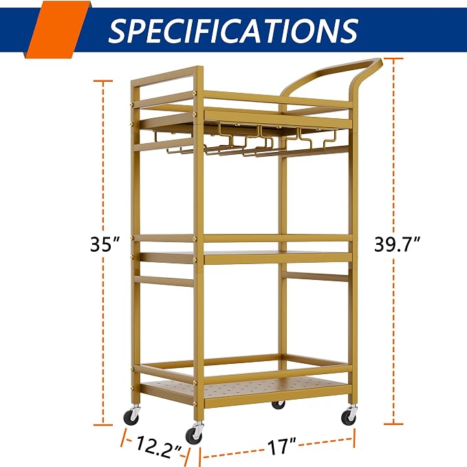 Soywey Bar Cart,Gold Bar Cart,Home Bar Serving Carts,3-Tier Alcohol cart,Cart with Wheels,Suitable for Restaurants, Bars, Kitchens,Gold Colours