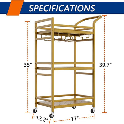 Soywey Bar Cart,Gold Bar Cart,Home Bar Serving Carts,3-Tier Alcohol cart,Cart with Wheels,Suitable for Restaurants, Bars, Kitchens,Gold Colours