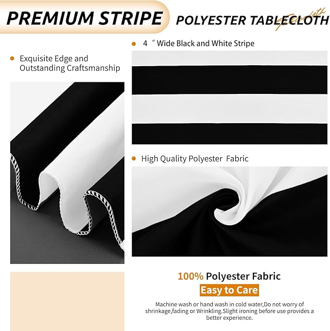 2 Pack-54x108inch Black and White Striped Rectangular Polyester Fabric Tablecloth for Indoor/Outdoor Dining, Party, Picnic, Barbecue, Gathering