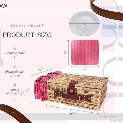 Wicker Picnic Basket Set for 4, Blanket, Cooler Bag, Pink Red Plaid | Four-Person Wicker Set Includes Tableware, Insulated Food Storage and Waterproof Blanket for Parks, Camping, Dates and Gifts