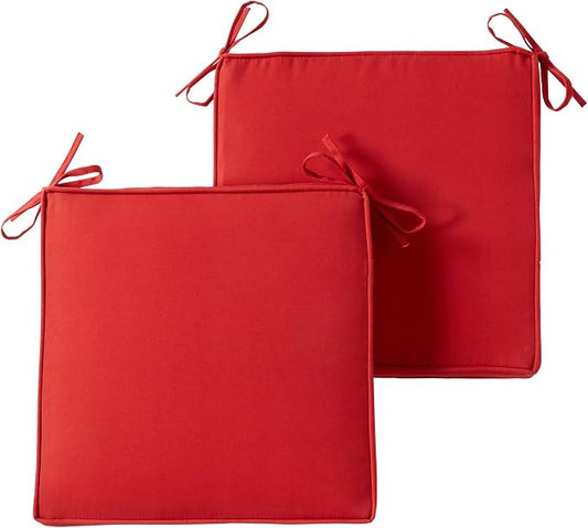 Outdoor 18 inch Square Patio Dining Chair Pads – Comfortable Fiber-Filled Seat Cushions with Ties, Reversible Polyester Fabric - Salsa Red, Set of 2
