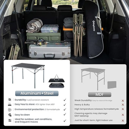 KingCamp Aluminum Folding Camping Table, 42.1" Foldable Lightweight Roll Up Camp Table Heavy Duty 2-6 People Portable Table for Camping Picnic BBQ RV, Indoor & Outdoor, Silver Black