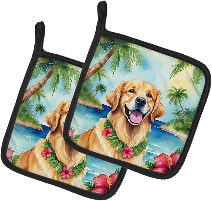 Caroline's Treasures Golden Retriever Luau Pair of Pot Holders Kitchen Heat Resistant Pot Holders Sets Oven Hot Pads for Cooking Baking BBQ, 7 1/2 x 7 1/2