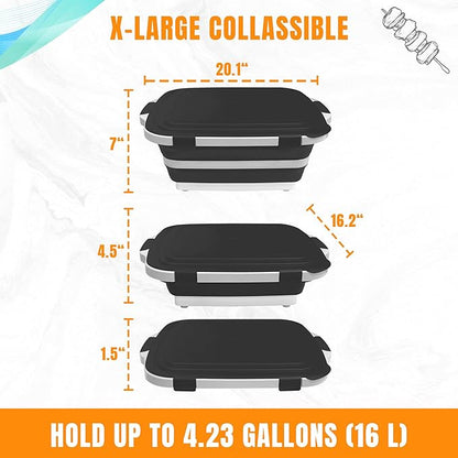 BBQ Prep Tub with Lid and Cutting Board - Collapsible Barbecue Tool Set for Marinating, Grilling, BBQ Prep Station for Outdoor Cooking, Camping Kitchen Accessories & Barbecue Utensils, X-Large Black