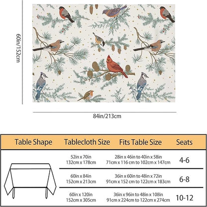 TKS MITLAN Winter Birds Tablecloth Decor Pine Tree Tit Robin Jay Bullfinch Bluebird Cardinal Pine Cones Berry Table Cloth Dining Room Kitchen Table Cover 60" X 84" Oblong/Rectangle