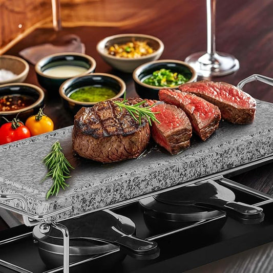 Artestia Hot Stone Steak Cooking Set – Long Heat Retention - Sizzling Steak Plate with Tray & Rack for Family Dinner, Indoor/Outdoor BBQ Grilling Gift