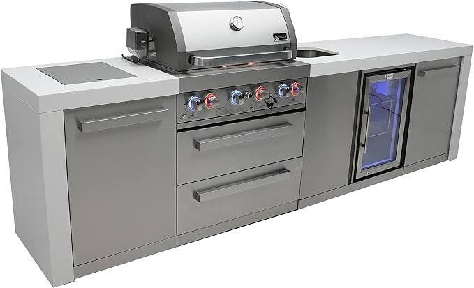 Mont Alpi Deluxe 120"W x 23"D x 46"H Stainless Steel Outdoor Kitchen Island with Refrigerator + 32"W 4-Burner BBQ Grill + Faucet and Sink + Granite Countertops + Storage Cabinets + Rotisserie + Cover