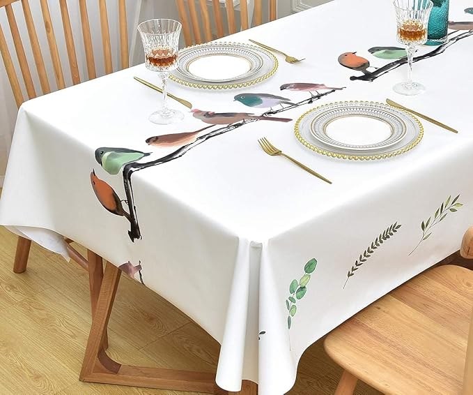 Wipeable Waterproof Tablecloth Vinyl Tablecloths for Rectangle Tables Heavy Duty PVC Tablecloth for Kitchen Dining Table(Birds, 54'' x 78'')
