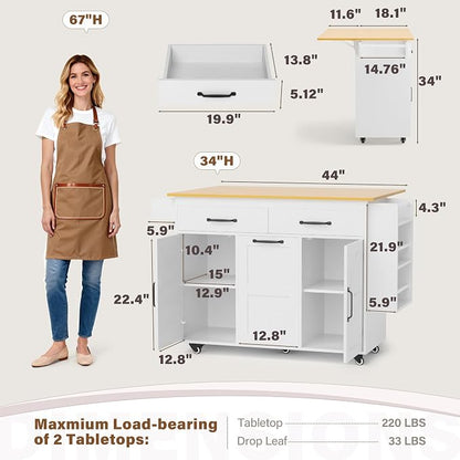 YESHOMY Kitchen Island on Wheels with Trash Cabinet, 56" Mobile Cart with Drop Leaf and Drawers, Rolling Portable Table with Spice Rack & Towel Holder for Dining Room, White & Oak