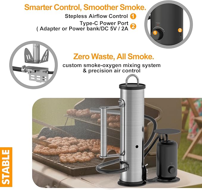 LAZYFOX Smoke Generator for Pellet, Portable Cordless Electric Outdoor Smoker Tube, Wood chips or mix, Hot or Cold Smoking Backyard BBQ, Fit Any Grill or Smoke