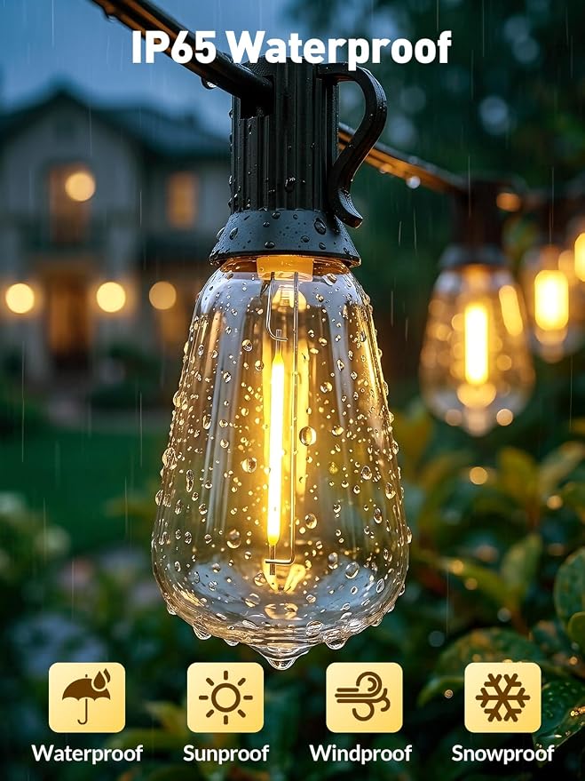 100ft-Solar-String-Lights-Outdoor-Waterproof-Solor-Powered-Patio-Light-Hanging-Outside-Backyard-Camping-Yard-Gazebo-Garden-Pergola-Bistro-Balcony-Cafe-Party-Fence-Lighting LED Edison Bulb & Remote