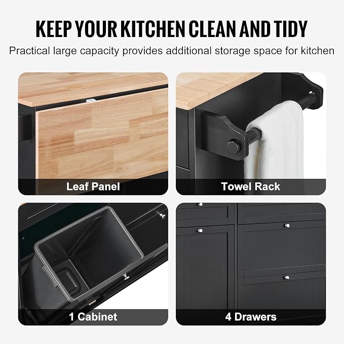 VEVOR Kitchen Island Cart, 50" Wood Top Breakfast Bar with Trash Cabinet Tilt Out 10 Gallon Storage, Farmhouse Dining Living Room Table with Drop Leaf, Towel Bar, Drawer, Black