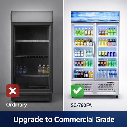 IDEALHOUSE Commercial Refrigerators, 26.8 Cu.Ft Beverage Cooler, Commercial Fridge with Glass Door Display, LED Light Adjustable Shelves Drink Cooler for Restaurant Grocery Store Home, White