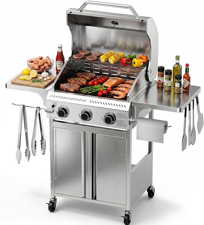 Kismile 3 Burner Propane Gas Grill, 24,000 BTU Stainless Steel BBQ Grill | Foldable Side Tables & Porcelain-Enameled Grates, Barbecue Grill with Wheels for Outdoor Cooking, Camping, Patio