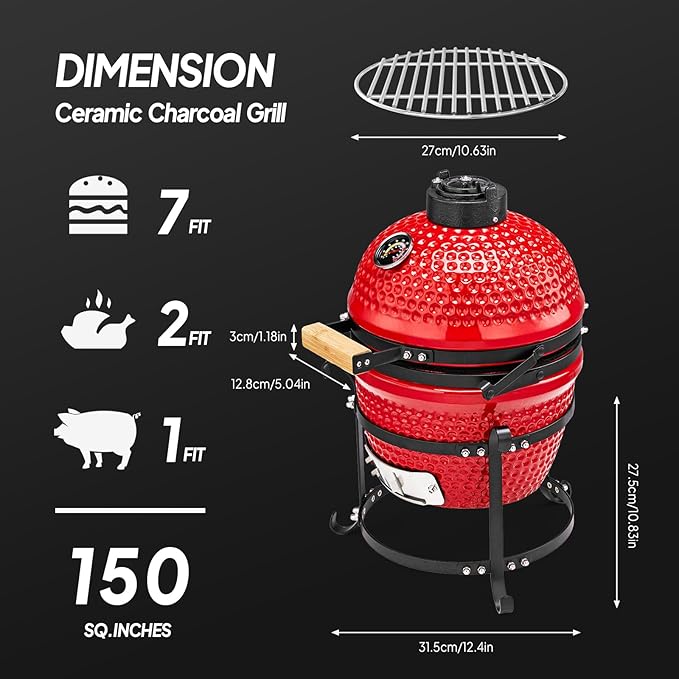 ROVSUN 13IN Red Spherical Ceramic Charcoal Grill with Inner Liner, Portable BBQ Smoker for Outdoor Cooking, Camping, and Backyard Grilling