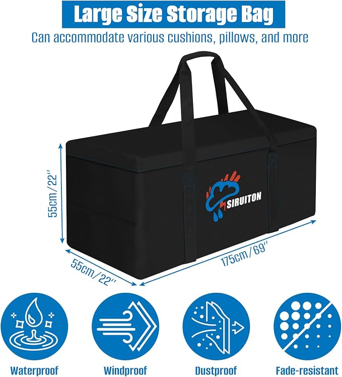 SIRUITON Cushion Storage Bag 600D Oxford,Waterproof,70"L x 21.7"W x 21.7"H | Heavy duty, rip proof, with handle & zipper, for patio & garden cushions, UV-resistant, all-weather protection