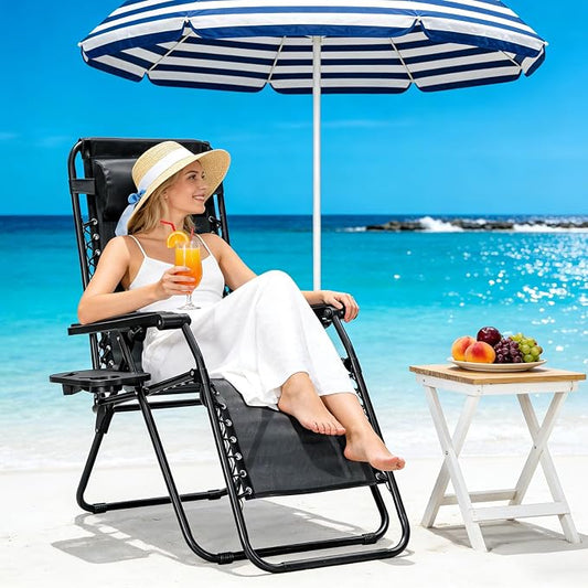 Zero Gravity Chair, Adjustable Lounge Chair, Outdoor Recliner, Folding Anti Gravity Lounge Chairs, Lawn Chairs Reclining with Pillow & Cup Holder