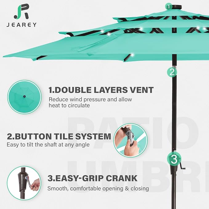 JEAREY 9 ft 3-Tier Outdoor LED Lighted Patio Umbrella w/Crank, Peacock Blue | Solar Market Table Umbrella with 8 Sturdy Ribs, UV Protection Waterproof Sunproof for Garden, Deck and Backyard