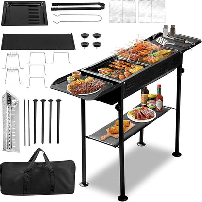 Portable Charcoal BBQ Grill, Foldable Smoker Tall Barbecue Grill Charcoal Outdoor Lightweight for Cooking Camping Hiking Picnics Tailgating Backpacking Garden Beach Party (47"L x 30.31"H)