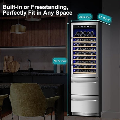 24 Inch Wine and Beverage Refrigerator, 2 IN 1 Dual Zone Drawer Beverage Fridge Wine Cooler, Built-in or Freestanding Beverage Cooler with Powerful Compressor, Holds 108 Bottles and 150 Cans