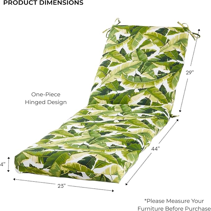 Modern Outdoor Chaise Lounge Cushion with Ties – Durable Polyester Fabric, Channel-Filled Polyfiber Insert, Removable Zippered Cover, Palm Leaves White