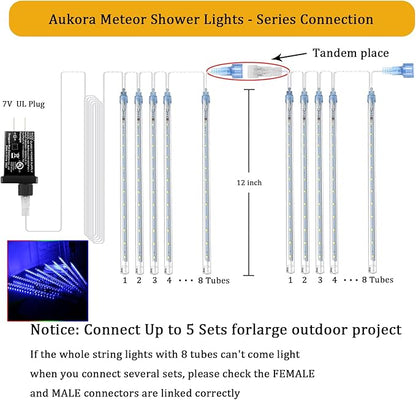 Aukora Christmas Lights Outdoor Meteor Shower Lights 12 inch 8Tubes 192LED UL Certified Falling Rain Drop Snow Icicle String Light for Xmas Tree Christmas Decorations Party Wedding Holiday Yard Blue