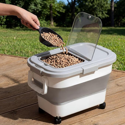 Maxdot 3 Sets 22lb Airtight Wood Pellet Storage Container Bin Kit with Clear Window, Locking Lid, Collapsible Design with Rolling Wheels, Pellet Bucket Includes Scoops Labels for Grill, Smoker