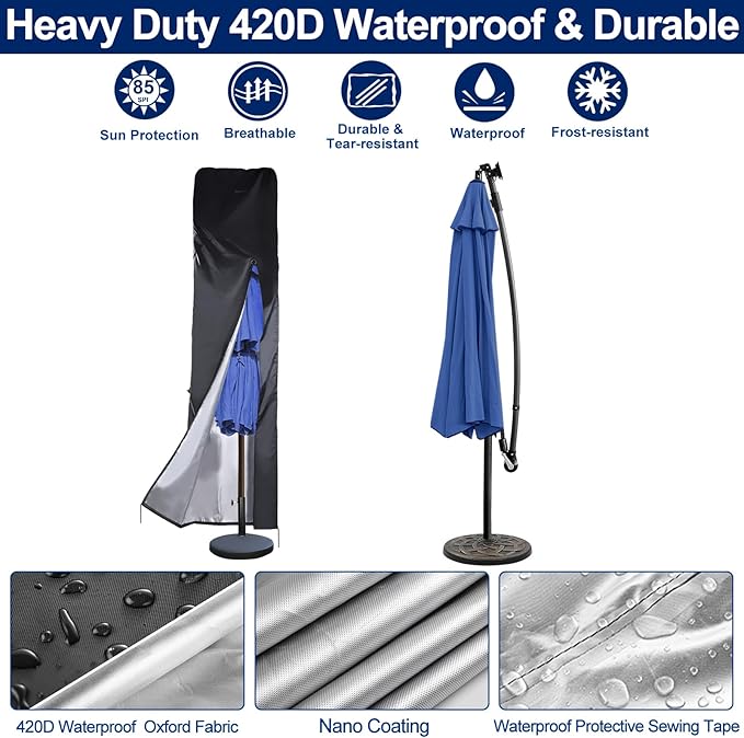 420D Waterproof Patio Umbrella Cover for Double-Sided 13-15 ft | Outdoor Parasol Cover, Telescopic Pole, Windproof Zipper, Top Vent, Anti-UV