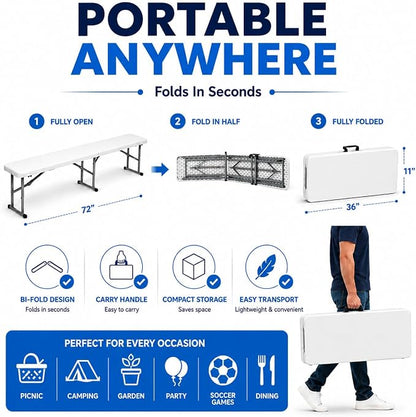 Plastic Folding Bench - Portable Bench Used for Indoor, Outdoor, Picnic, Party, Camping, Dining Seat, Garden Soccer Multipurpose Entertaining Activities, White (1, White, 6 Feet)