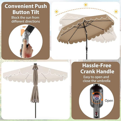 Tangkula 10FT Solar LED Patio Umbrella, 2-Tiers Scalloped Outdoor Table Market Umbrella with 24 LED Lights, Vented Top, Tilt Adjustment, Crank, 8 Ribs for Backyard Poolside Deck Beach Lawn (Coffee)