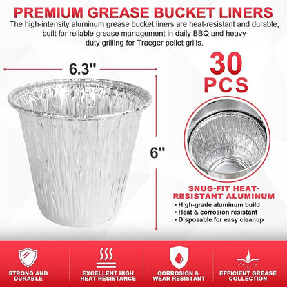 30 Pack BAC608 Grease Bucket Liner for Traeger Timberline and Timberline XL Drip Tray Liner, Traeger Flatrock Accessories Grease Bucket Liner, Traeger Lronwood, Lronwood XL Accessories Drip Tray Liner