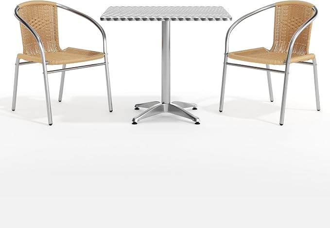 Flash Furniture Lila 31.5'' Square Aluminum Indoor-Outdoor Table Set with 2 Beige Rattan Chairs | Indoor/Outdoor Use, Beige Rattan Chairs