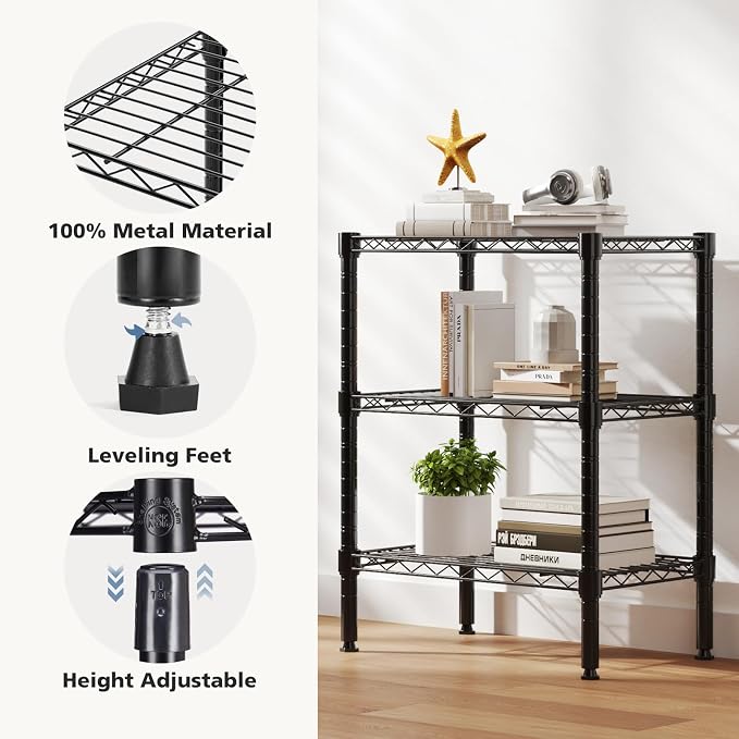 DUMOS 3-Tier Metal Storage Shelves, Wire Shelving, Storage Rack, 23.31" W | Heavy Duty Steel Shelves, Wire Adjustable Standing, Kitchen Bathroom Garage Pantry Organizers, 30.22"H