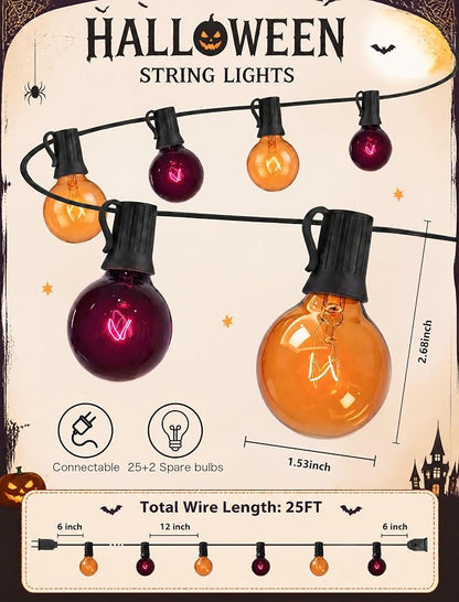 SUNSGNE 25FT G40 Halloween String Lights, Clear Orange Purple Globe Lights | 27 Glass Filament Bulbs(2 Spare), Orange Purple Halloween Glow, Vintage Glass Globe Design, Plug-In Power