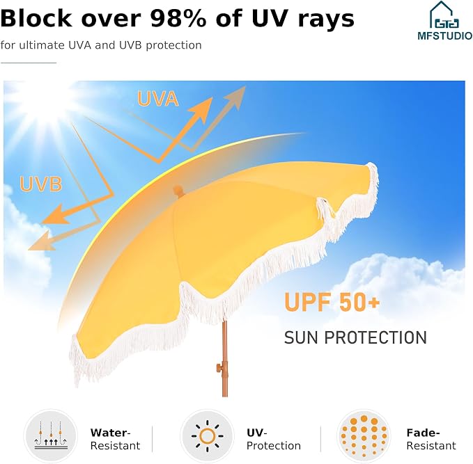 7ft Patio Beach Umbrella with Fringe, Outdoor Umbrella for Poolside, Yellow | MFSTUDIO Tassel Umbrellas UPF50+ with Sand Anchor & Tilt Button, Holiday Outdoor Umbrella with Carry Bag, Ideal for Garden