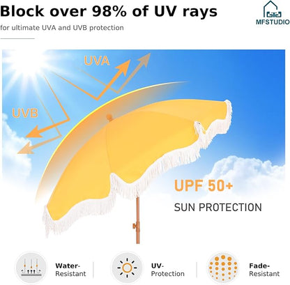 7ft Patio Beach Umbrella with Fringe, Outdoor Umbrella for Poolside, Yellow | MFSTUDIO Tassel Umbrellas UPF50+ with Sand Anchor & Tilt Button, Holiday Outdoor Umbrella with Carry Bag, Ideal for Garden