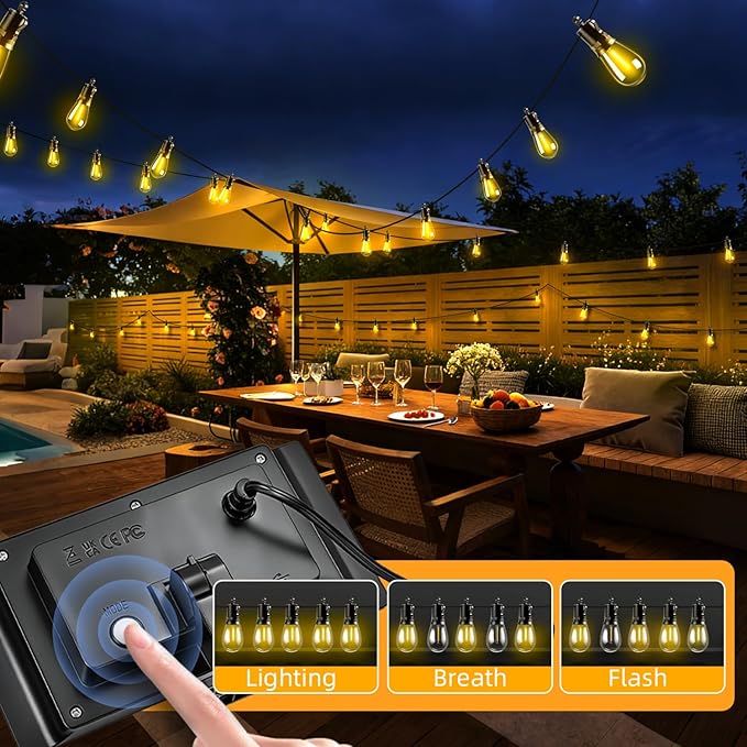 Solar Lights Outdoor Patio Lights: S14 25M 82FT Solar Powered 3 Light Modes Solar Waterproof Light - Shatterproof Bulbs - Camping Backyard Garden Deck Outside Yard