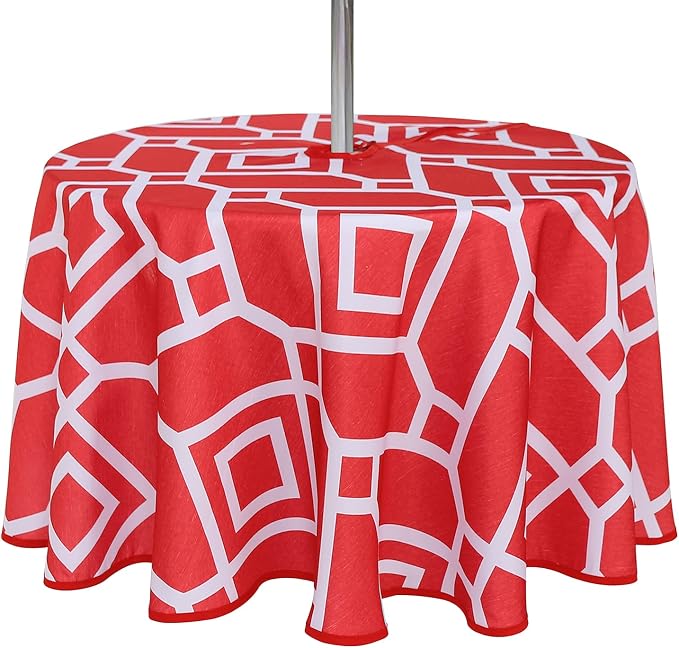 LUSHVIDA Moroccan Outdoor Round Tablecloth with Umbrella Hole and Zipper, 60 Inch Red, Waterproof Wrinkle Free Table Cloth Decorative Fabric Washable Table Cover for Patio, Party, Picnic