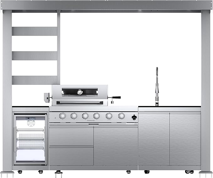 110-Inch 4-Burner 72000 BTU Stainless Steel Natural Gas Grill Outdoor Kitchen Island with Canopy,485Sq.In Cooking Area,Wine Cooler,Refrigerator,Rotisserie,For Backyard BBQ,Silver