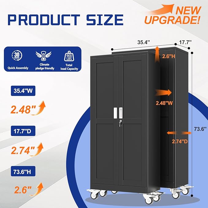GAIOUS 73.6” Tall Metal Garage Storage Cabinet with Lock, Steel Tool Cabinet with 5 Adjustable Shelves, New Upgrade Lockable File Cabinet with Wheels, Organization for Home Office Garage Gym - Black