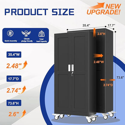 GAIOUS 73.6” Tall Metal Garage Storage Cabinet with Lock, Steel Tool Cabinet with 5 Adjustable Shelves, New Upgrade Lockable File Cabinet with Wheels, Organization for Home Office Garage Gym - Black