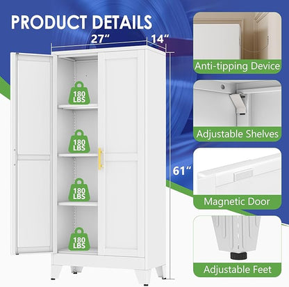 61" Metal Garage Storage Cabinet with 2 Doors and 3 Adjustable Shelves,Metal Storage Cabinets,Steel Tool Cabinets for Home,Office,Garage,Warehouse(White, 61''H x 27''W x 14''D)