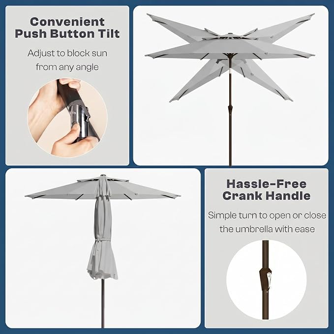10FT Outdoor Patio Umbrella, 2 Tiers Market Table Umbrella with 8 Sturdy Ribs, Push Button Tilt and Crank, UPF50+ UV Protection for Deck, Pool, Garden and Backyard